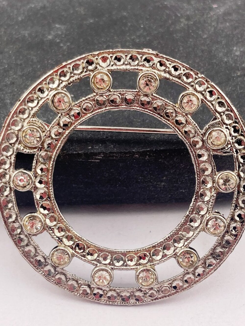 ANTIQUE Marcasite, rhinestone, and silver tone metal circle brooch c. 1920s pin